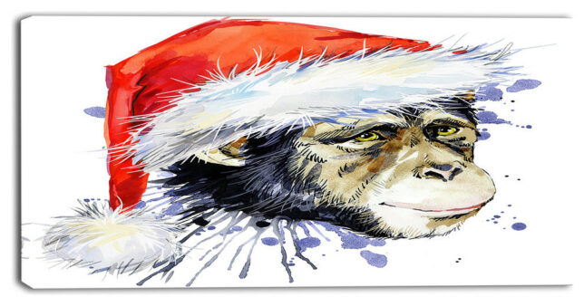 "Monkey Santa Clause" Animal Canvas Artwork, 32"x16"